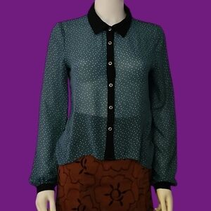 HAVE Teal Polka Dot Sheer Chiffon Button Down High-Low Cover-up Blouse